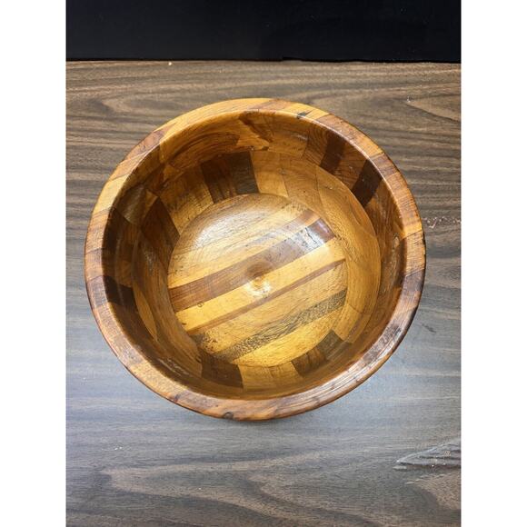 Vintage Teak Wooden Segmented Wood Serving Salad Bowl Or Fruit Bowl 9”W X 4.5”H - Picture 4 of 7